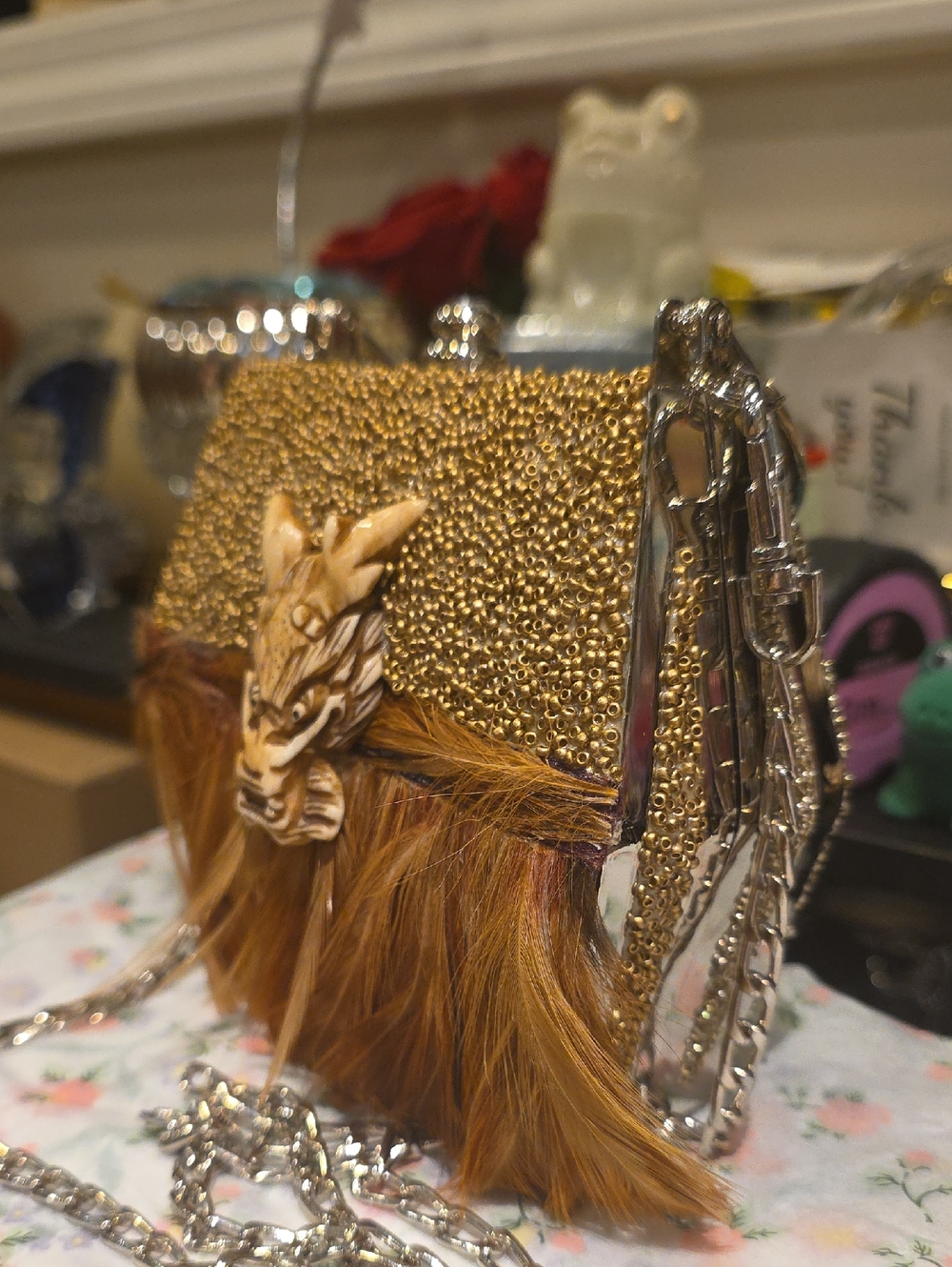 Vintage Gold Beaded Clutch with Brown Fur and Dragon Accent